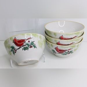Set of 4 Eli + Ana Red Cardinal Bird Traditional Christmas Cereal Bowls Ceramic